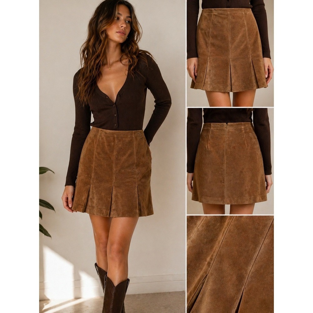 Brown Genuine Suede Leather A-Line Skirt Paneled Western 90s 10P